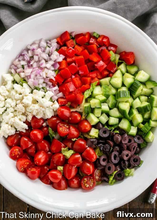 Overhead view of Mediterranean chopped salad.