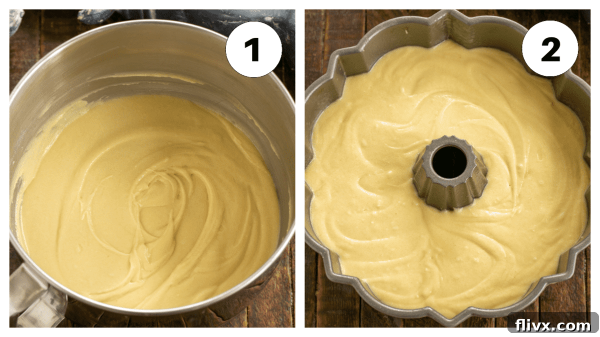 Sour cream pound cake process shots 1 and 2, showing the mixing of ingredients and the batter being poured into the Bundt pan.