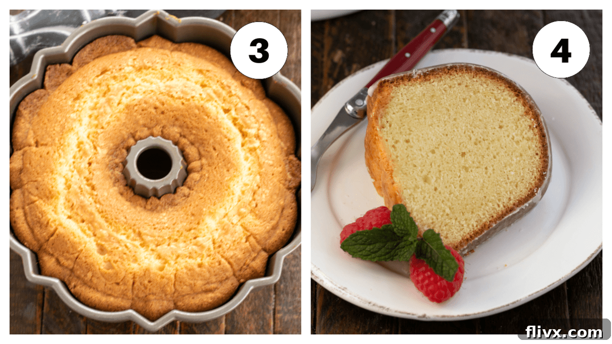 Sour cream pound cake process shots 3 and 4, illustrating the cake cooling on a rack and a slice ready to be served.