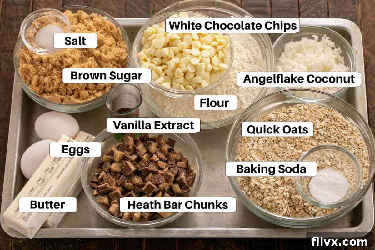 Oatmeal Toffee Cookie Ingredients with labels on a metal sheet pan.