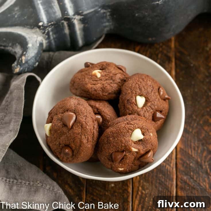 A pristine white bowl filled with perfectly baked chocolate cookies, garnished with an assortment of chocolate chips. The image conveys rich flavor and homemade appeal.