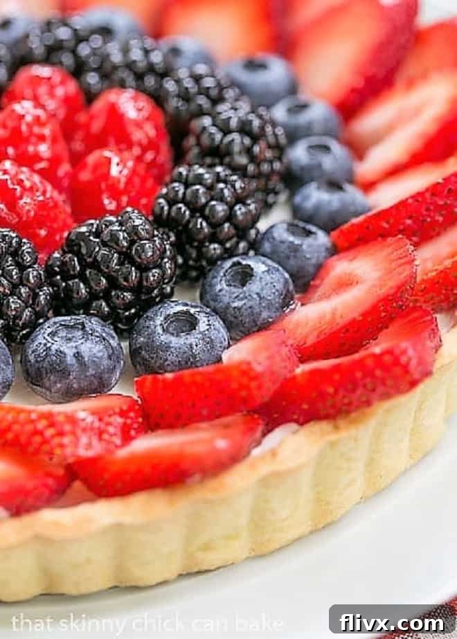 Close-up detailed shot of the exquisite fruit arrangement on the Summer Fruit Tart, highlighting the vibrant colors and fresh texture of the berries.