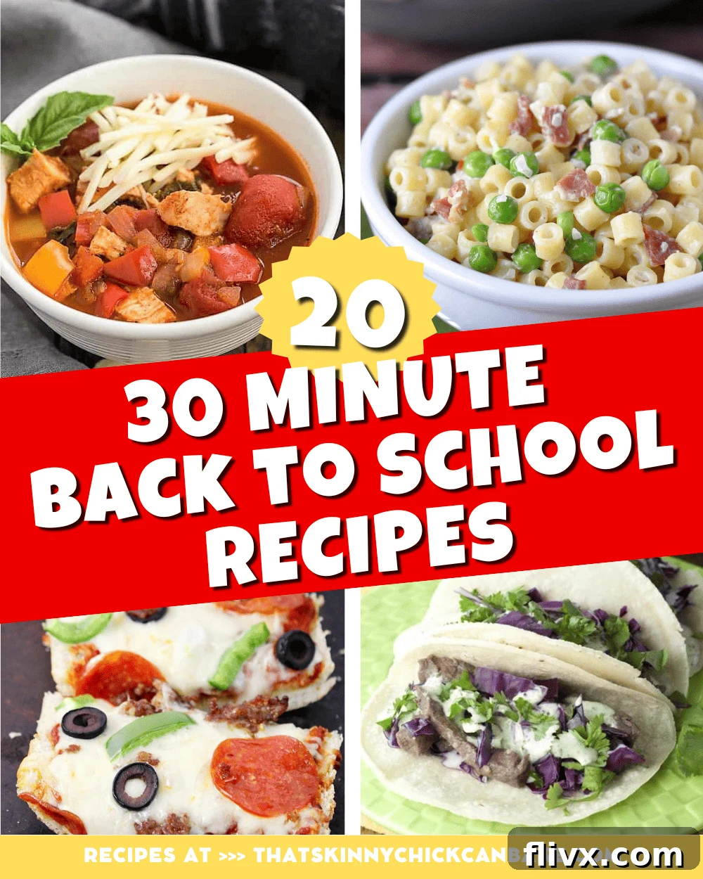 20+ 30-minute back to school dinner recipes collage, featuring various quick and delicious family meals.