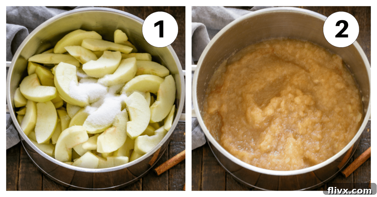 2 numbered photos showing how to make applesauce, illustrating the cooking process.