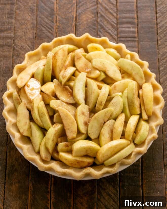 The spiced apple mixture is carefully mounded into the prepared pie crust, filling it generously before the crumb topping is added.