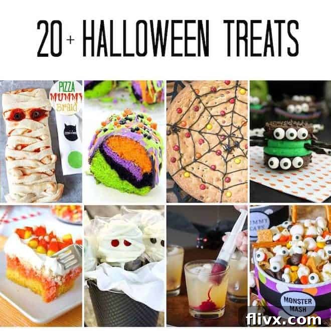 A collage of various Halloween treats including cupcakes, cookies, and savory dishes