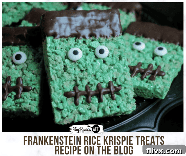 Green Frankenstein Rice Krispie Treats with candy features