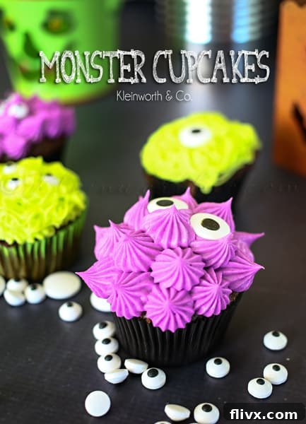 Cute Monster Cupcakes with colorful frosting and candy eyes
