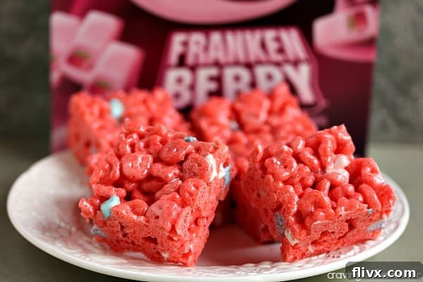 Pink and green Franken Berry Krispies treats