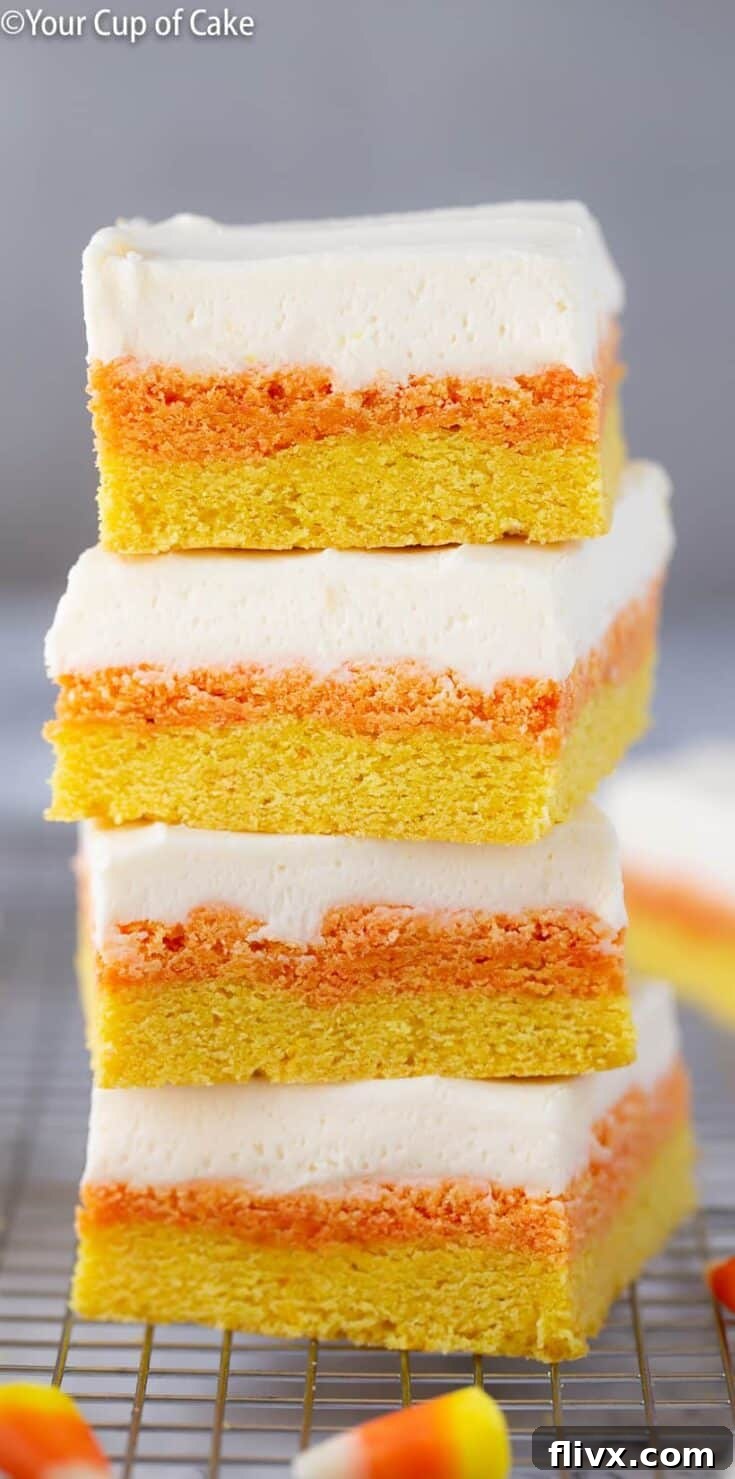 Candy Corn Sugar Cookie Bars with three distinct color layers