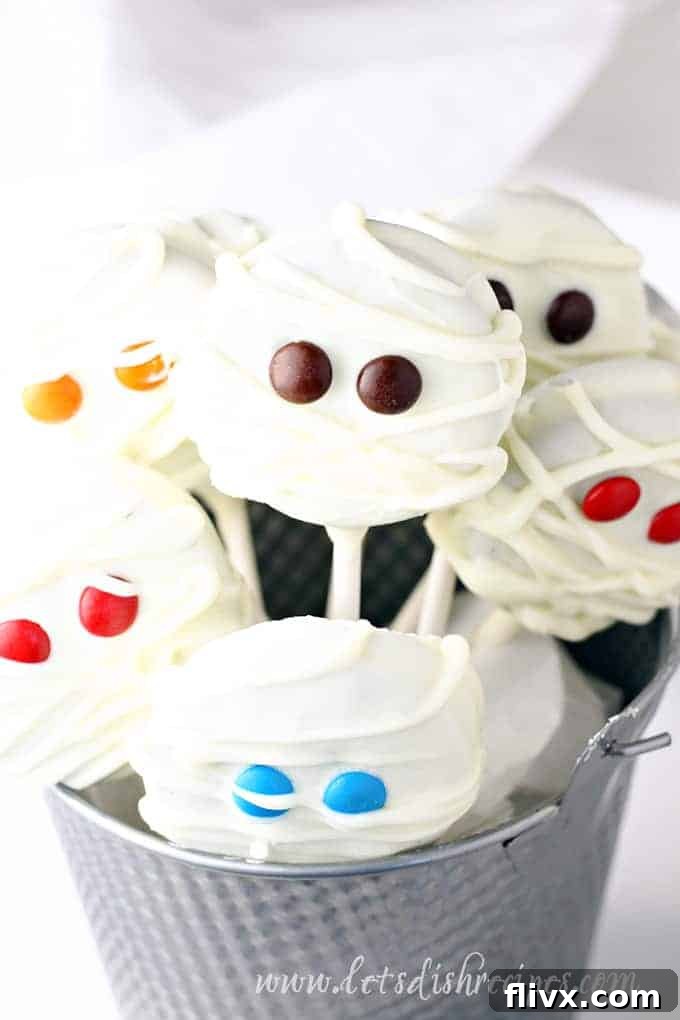 Mummy Pops made from Double Stuff Oreos dipped in white chocolate