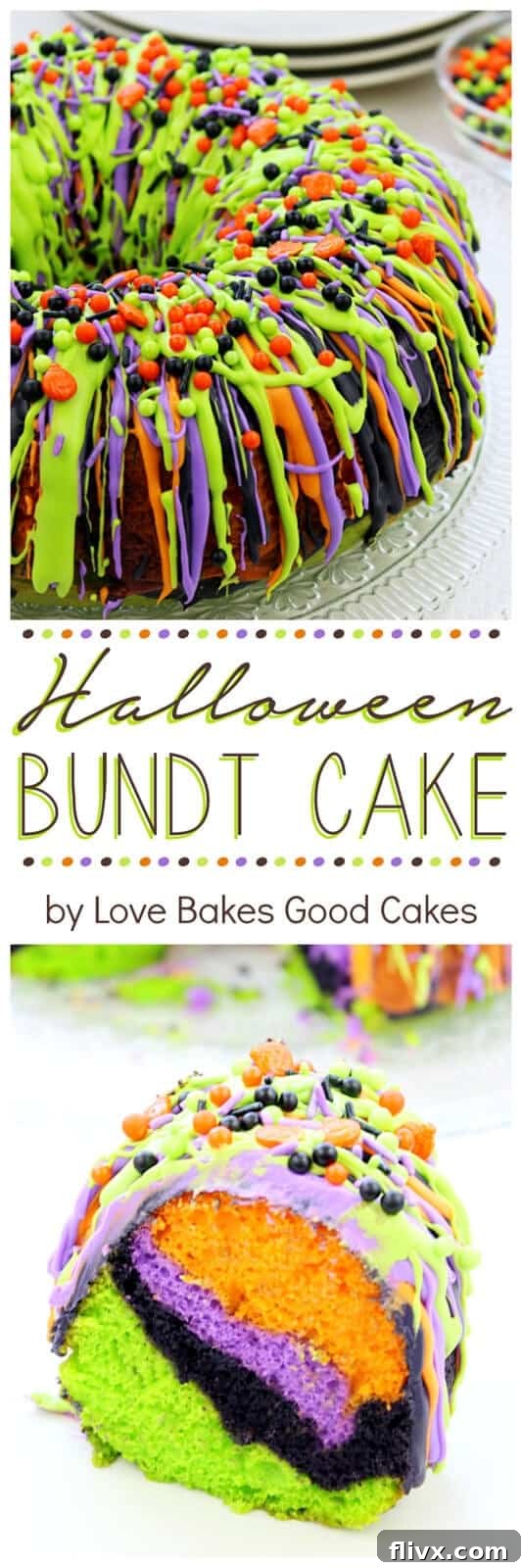 A vibrant Halloween Bundt Cake with purple, black, lime green, and orange swirls