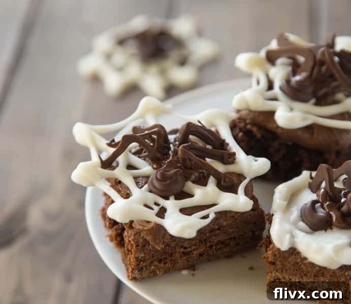 Rich fudgy Spooky Spider Brownies with an icing spiderweb and plastic spider
