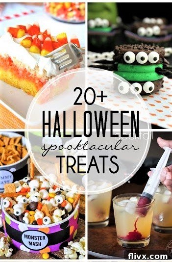 Halloween Treats photo and text collage with various Halloween dishes