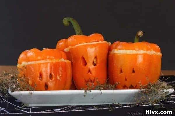 Shepherd's Pie Stuffed Peppers carved like jack-o'-lanterns