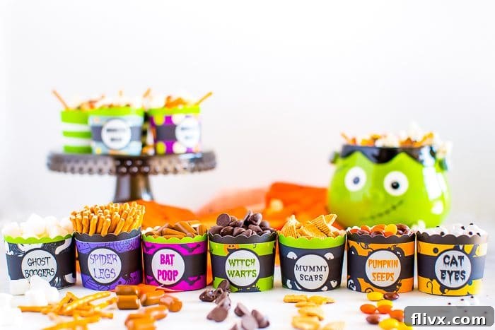 A bowl of colorful Monster Mash Halloween Trail Mix with candy eyes