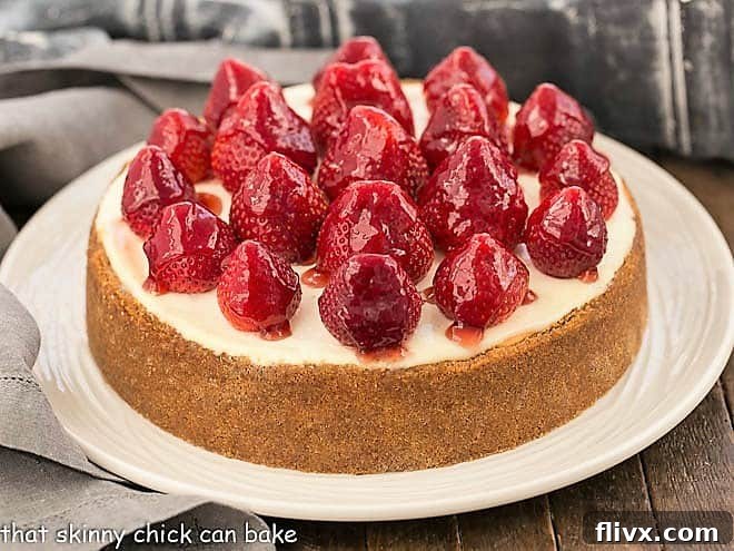 Strawberry Topped Cheesecake on a white ceramic serving plate.