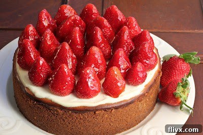 strawberry topped cheesecake on a white plate