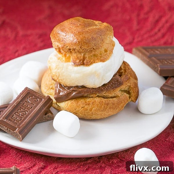 S'mores Cream Puffs on a white plate with chocolate and marshmallow garnishes