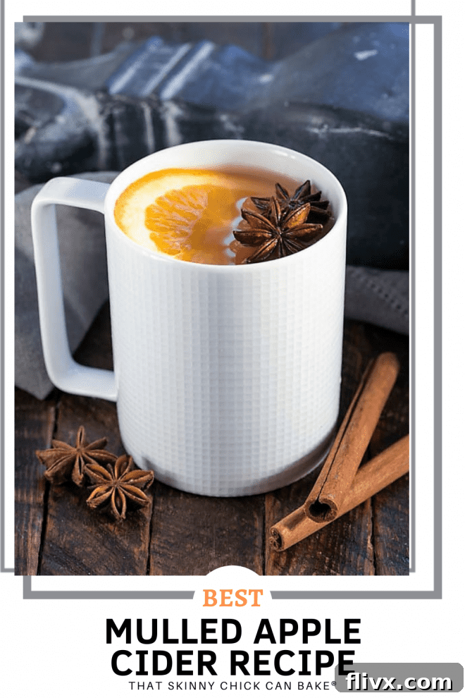 A visual collage featuring Mulled Apple Cider, with a delicious photo of the drink and a text box highlighting its appeal as a comforting warm beverage for fall and winter.