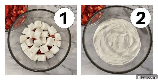 Process shots showing the initial layering steps for a strawberry trifle: 1. Layering berries. 2. Layering angel food cake.