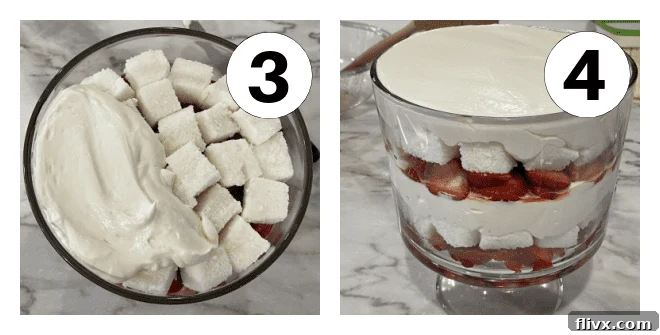 Process shots showing the final layering steps for strawberry trifle: 3. Repeating layers. 4. Smoothing the top and chilling.