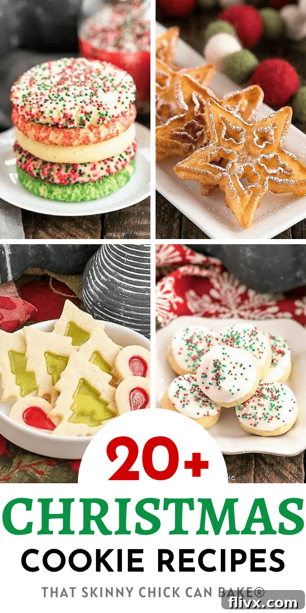 Best Christmas Cookie Recipes photo collage with 3 photos and a text box featuring various holiday cookies like sugar cookies, gingersnaps, and chocolate chip cookies.