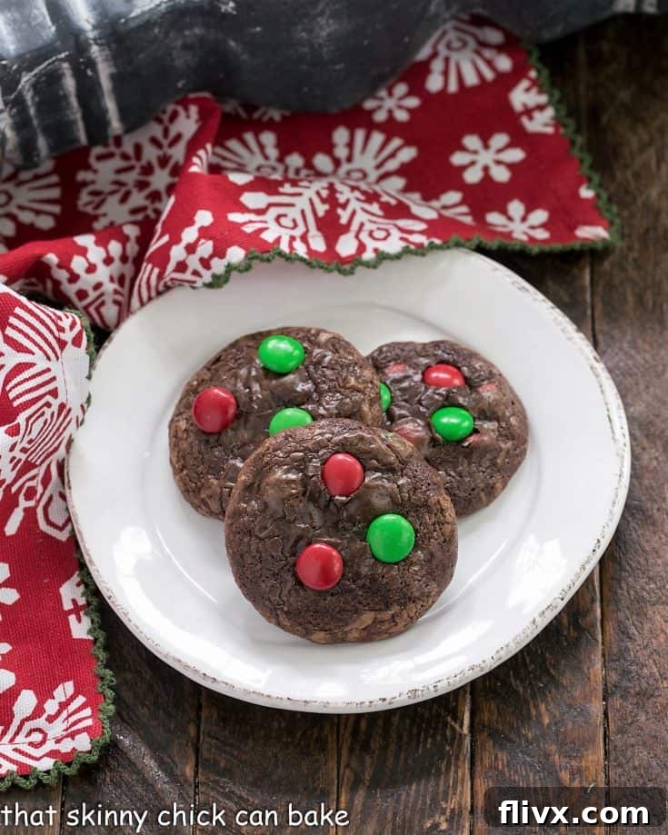 Rich holiday truffle cookies studded with red and green M&M's for a festive touch.