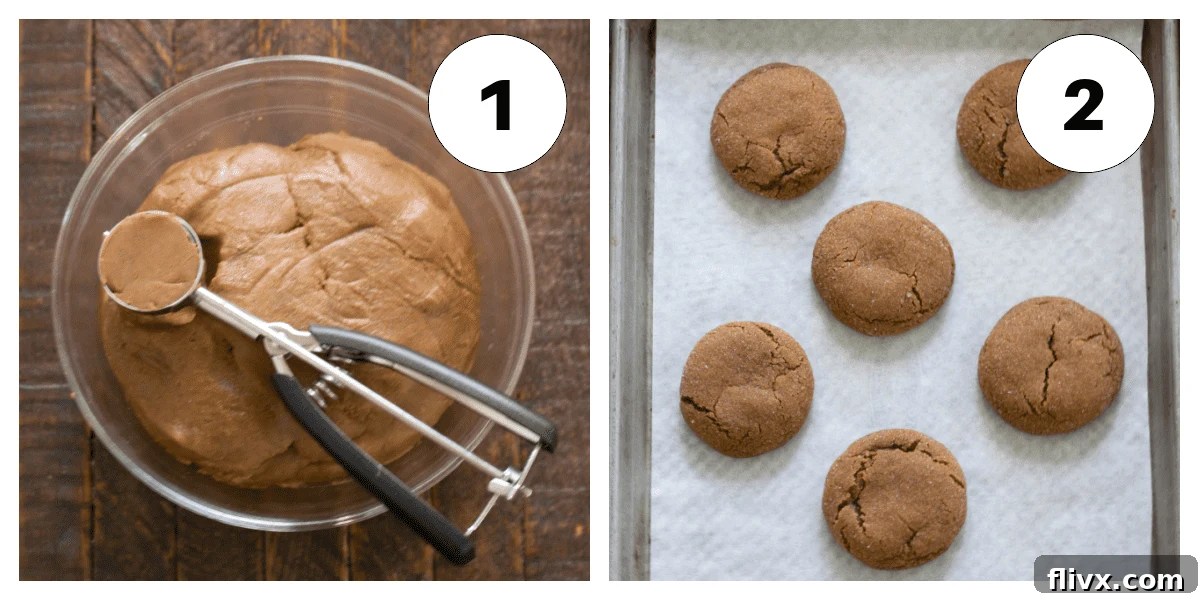 Two numbered process shots illustrating making and baking chewy gingersnaps. The first shows dough balls being rolled in sugar, the second shows baked cookies on a baking sheet.