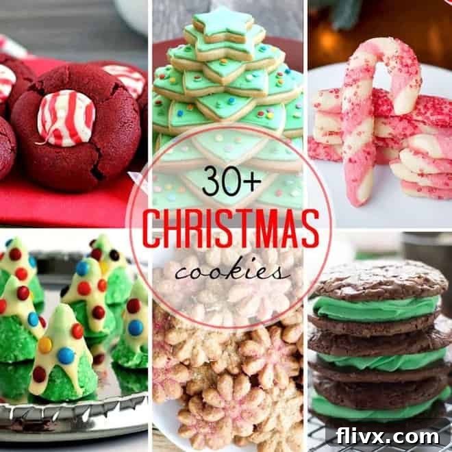 Photo collage of the BEST Christmas Cookies, featuring various festive holiday treats like sugar cookies, ginger snaps, and chocolate cookies