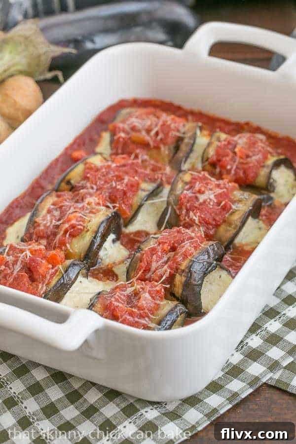 Eggplant Rollatini - A delightful vegetarian entree featuring grilled eggplant rolled around a ricotta mozzarella filling