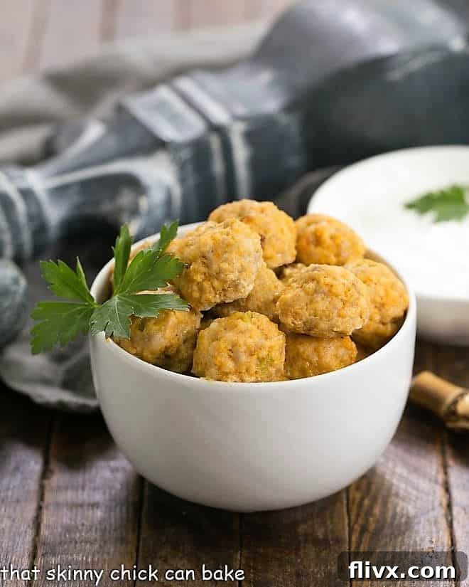 Buffalo Chicken Meatballs in a white serving bowl