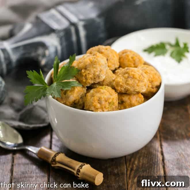 Delicious Buffalo Chicken Meatballs served with creamy blue cheese sauce