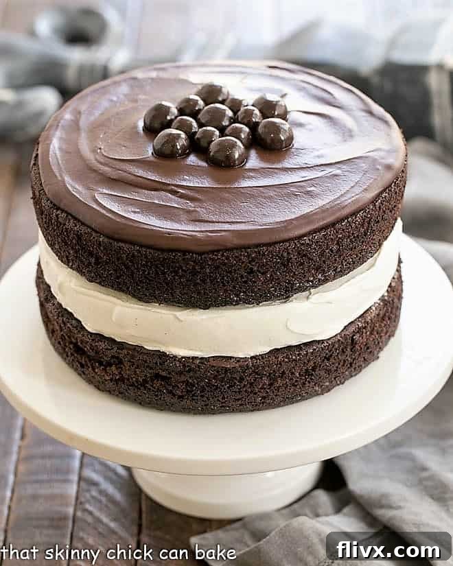 Ding Dong Cake - 2 thick moist chocolate cake layers filled with vanilla cream and topped with caramel infused ganache Decadent Homemade Ding Dong Cake with chocolate layers, vanilla bean cream, and rich caramel ganache on a white cake stand.