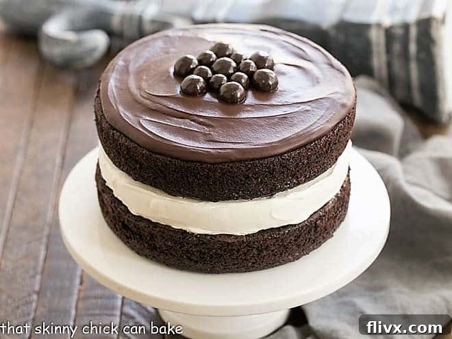 Stunning Ding Dong Cake, a classic Hostess-inspired dessert, ready to be served on an elegant white cake stand.