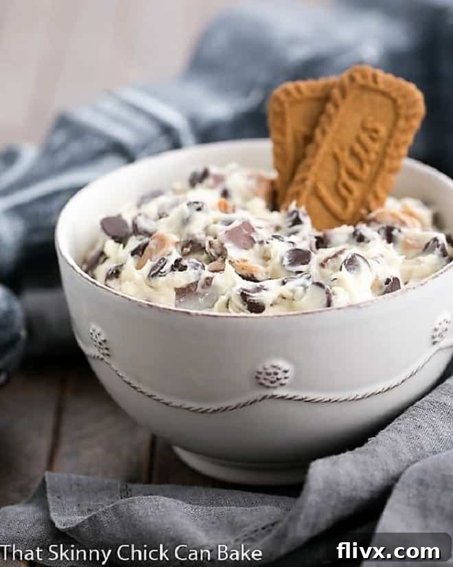 A pristine white bowl filled with Chocolate Chip Cookie Dough Dip, artfully garnished with two Biscoff cookies, ready for a delicious indulgence.