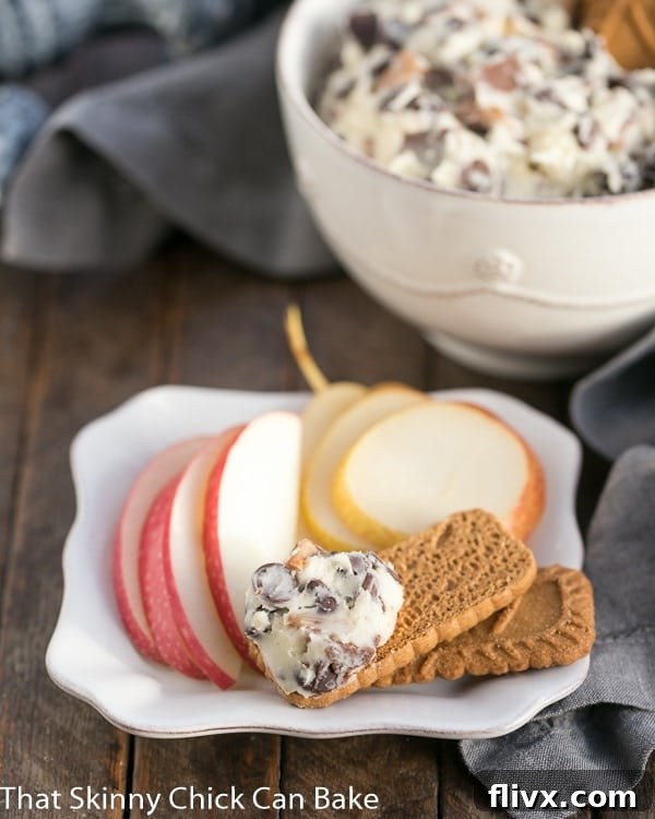 A square white plate showcasing Chocolate Chip Cookie Dough Dip, surrounded by an assortment of dippers including Biscoff cookies, crisp apple slices, and sweet pear slices.