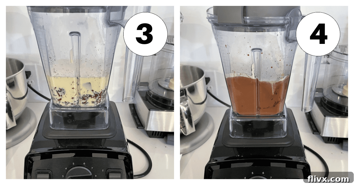 Process shots 3 and 4 for Irish cream pots de creme preparation. The third image shows the hot custard being poured over the chopped chocolate in a blender. The fourth image shows the blended, smooth chocolate custard being poured into individual serving dishes.