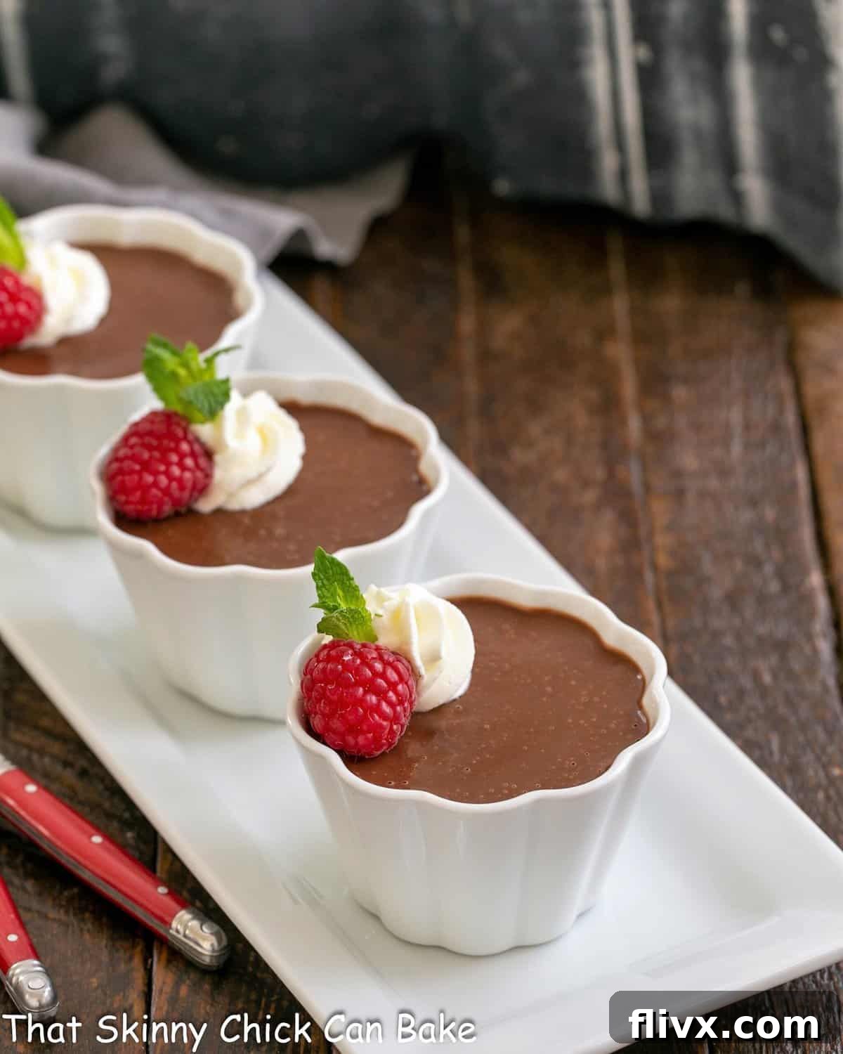 A collection of beautifully presented Irish Cream Pots de Creme on a white ceramic tray, each garnished with fresh raspberries and a swirl of whipped cream. Red-handled spoons are nestled beside them, indicating readiness for enjoyment.