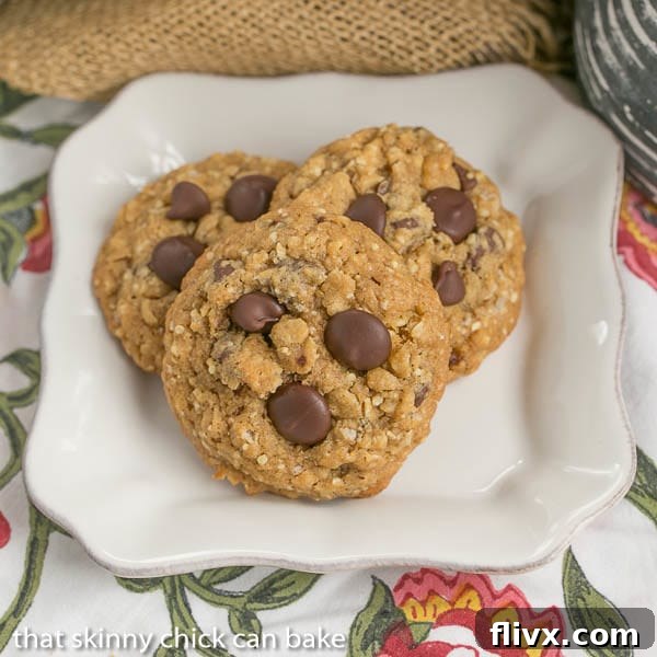 A beautifully arranged platter of golden-brown Oatmeal Chocolate Chip Cookies, ready to be enjoyed.