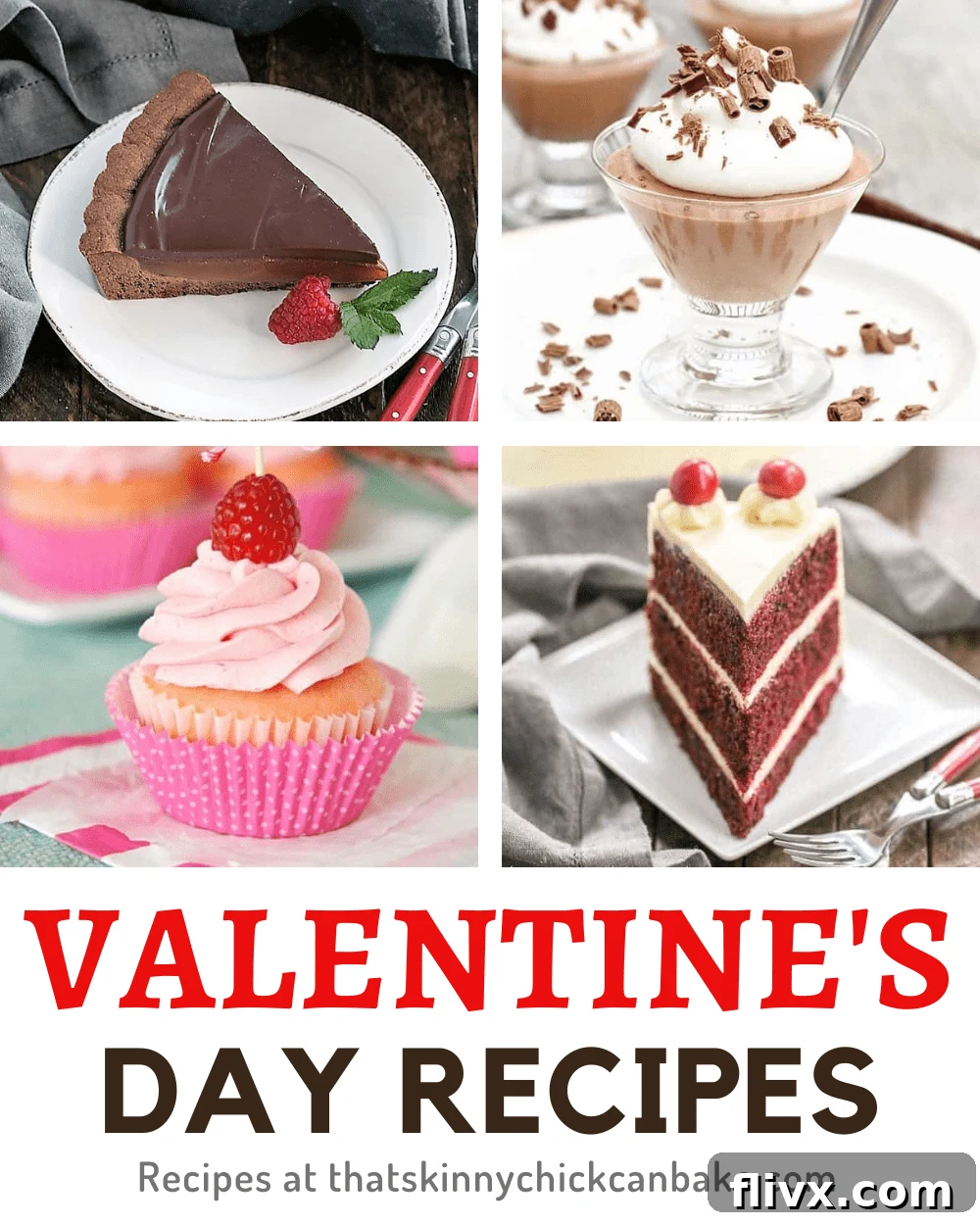 A beautiful collage of four delicious Valentine's Day dishes, including breakfast and dessert recipes, perfect for a romantic celebration.