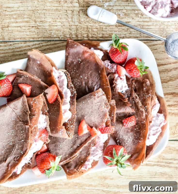 Delicious Strawberry Cheesecake Chocolate Crepes for breakfast.