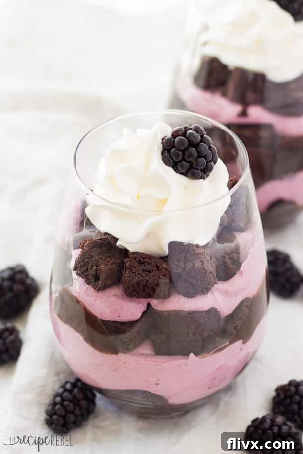 Elegant Chocolate Blackberry Cheesecake Trifles.