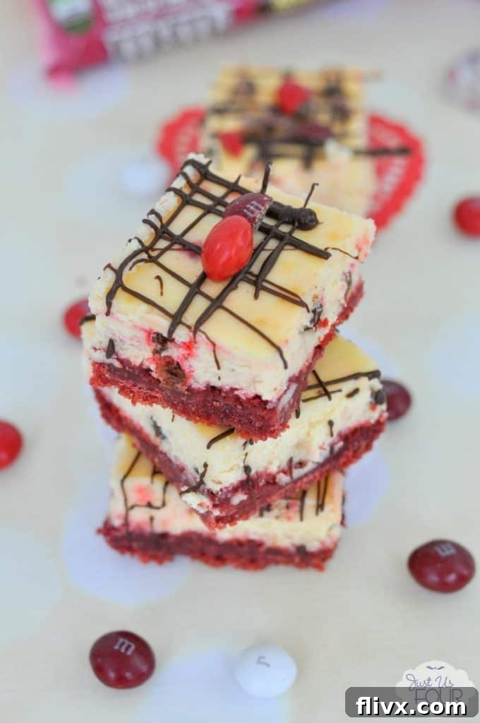 Delectable Red Velvet Cheesecake Bars.