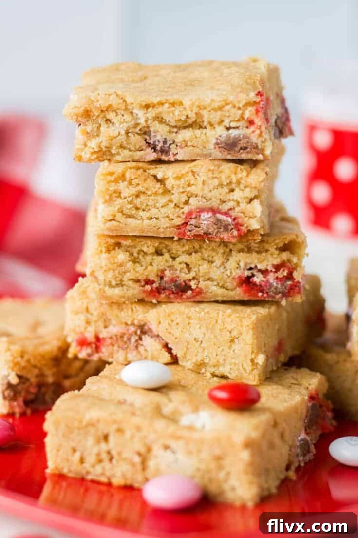 Colorful M&M Valentine Blondies.