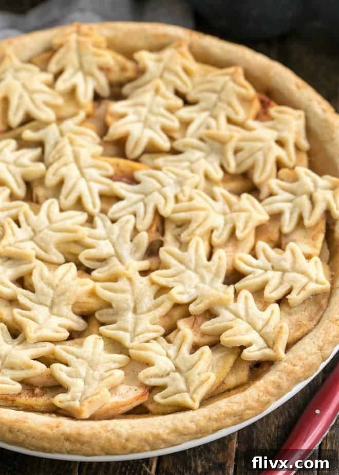 Close up of top crust of leaf topped apple pie, showcasing intricate pastry leaves.