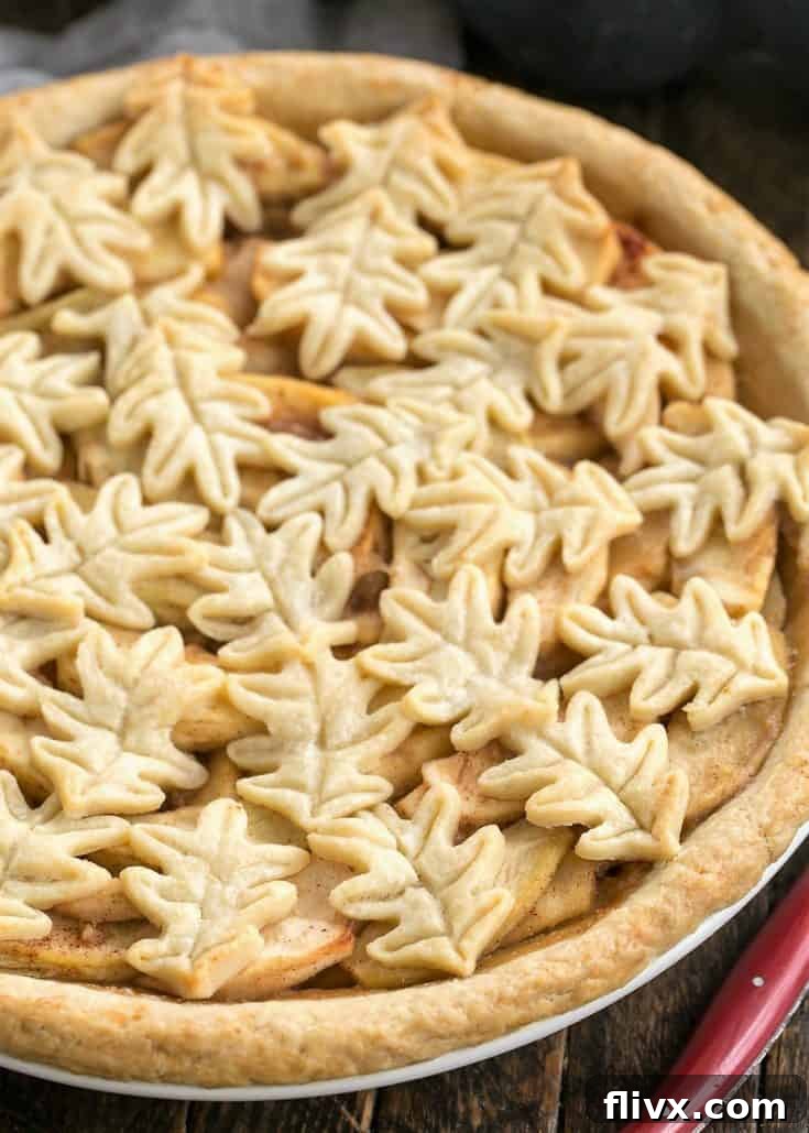 Close up of top crust of leaf topped apple pie, showing the flaky texture.