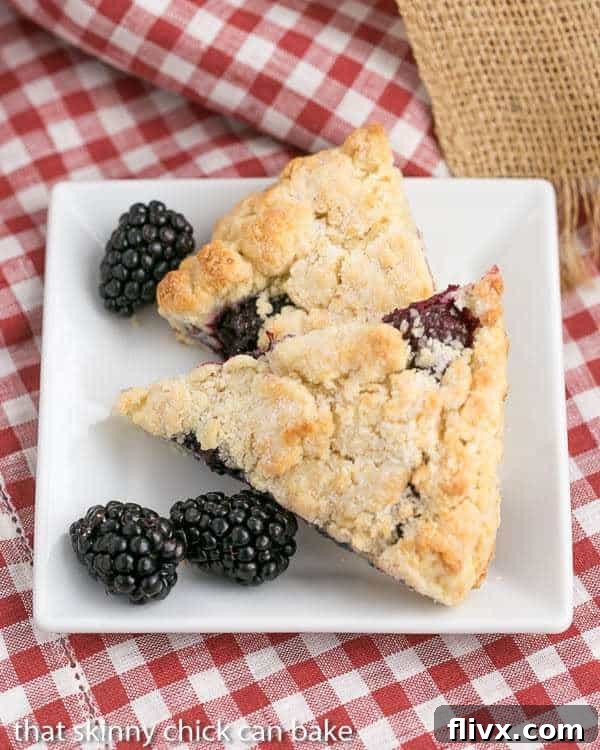 An inviting overhead view of two perfect homemade blackberry scones nestled on a white plate, showcasing their golden crusts and a peek of the juicy blackberries inside, highlighting their delicious and moist texture.