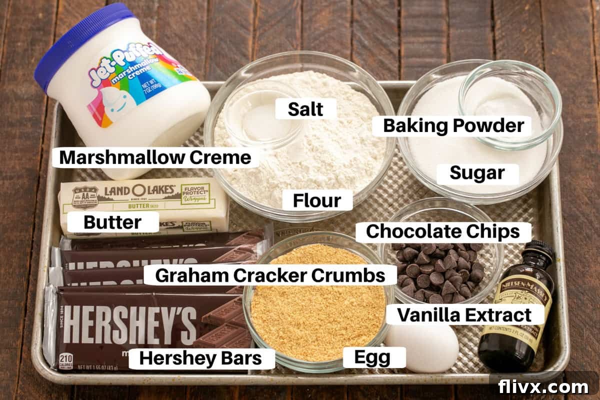 S'mores bars ingredients laid out on a baking sheet with labels, ready for preparation.
