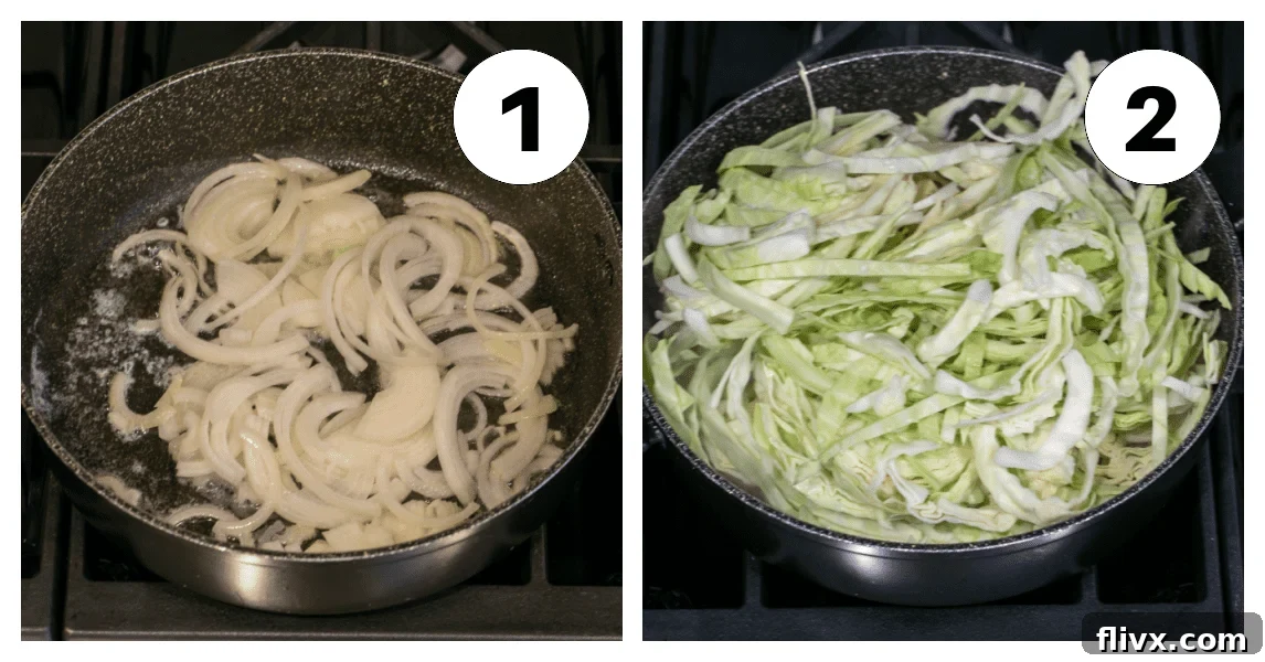 Step-by-step images showing onions being sautéed in butter and cabbage added to the pan.